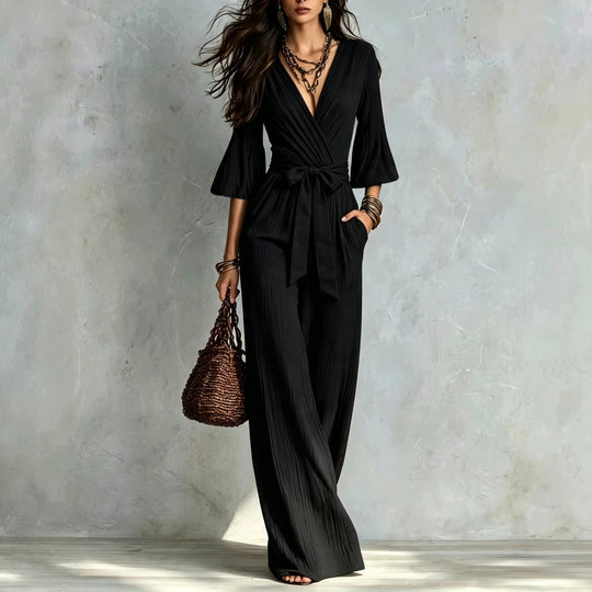 Damen Jumpsuit Wickel-Optik mit weitem Bein, Taillengürtel und Glockenärmeln Shop Nory