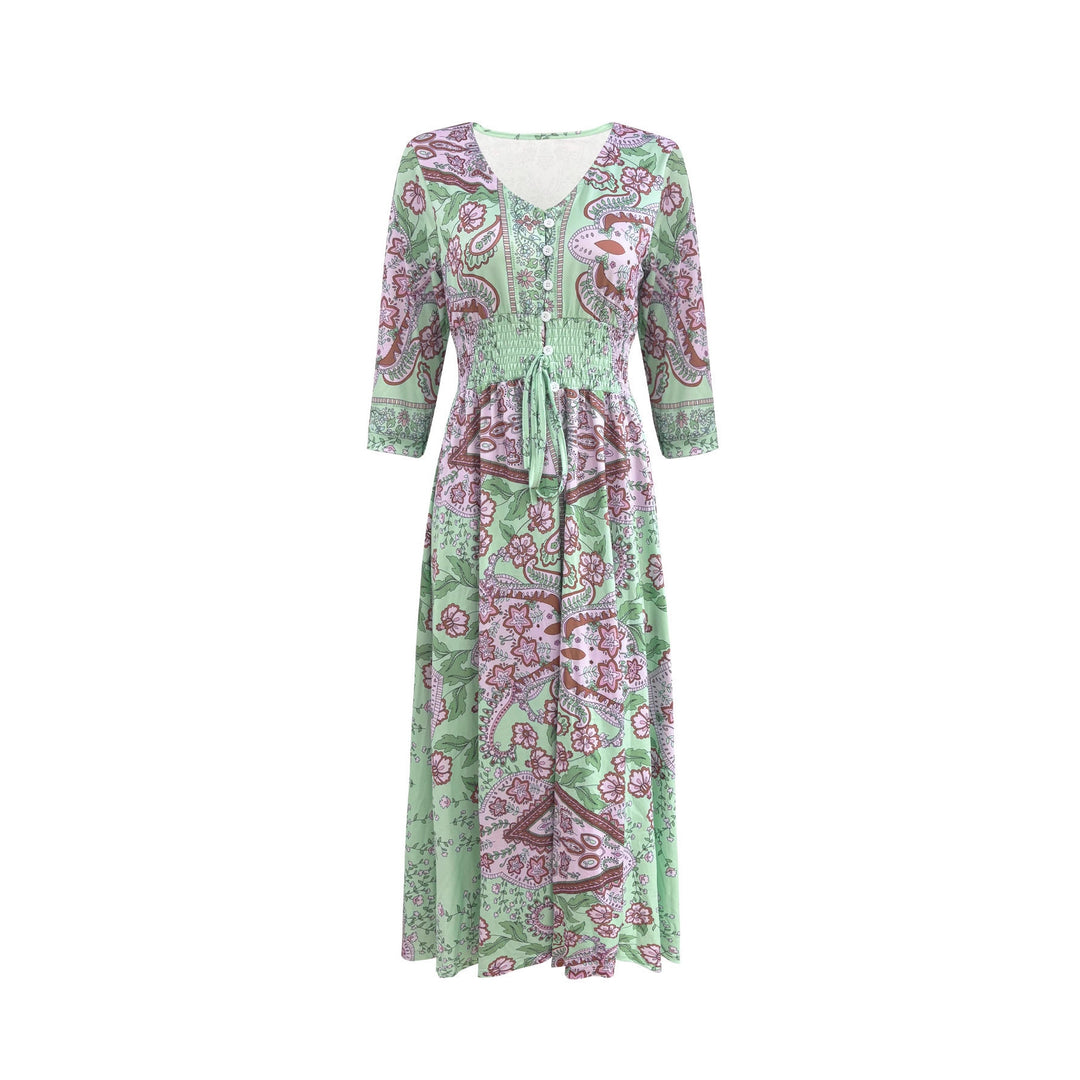 Damen Boho-Maxikleid mit V-Ausschnitt, Knopfleiste und Smokbund Shop Nory