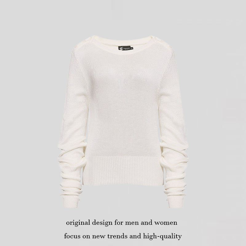 Damen Leichter Feinstrick-Pullover mit überschnittenen Schultern und langen Raffärmeln Shop Nory