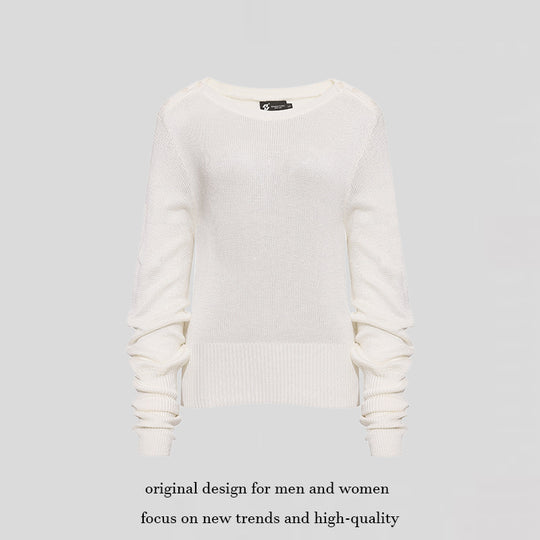 Damen Leichter Feinstrick-Pullover mit überschnittenen Schultern und langen Raffärmeln Shop Nory