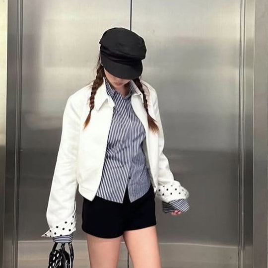Damen Kurz geschnittene Blousonjacke mit Stehkragen, verdecktem Reißverschluss und kontrastiertem Punktemuster-Futter Shop Nory