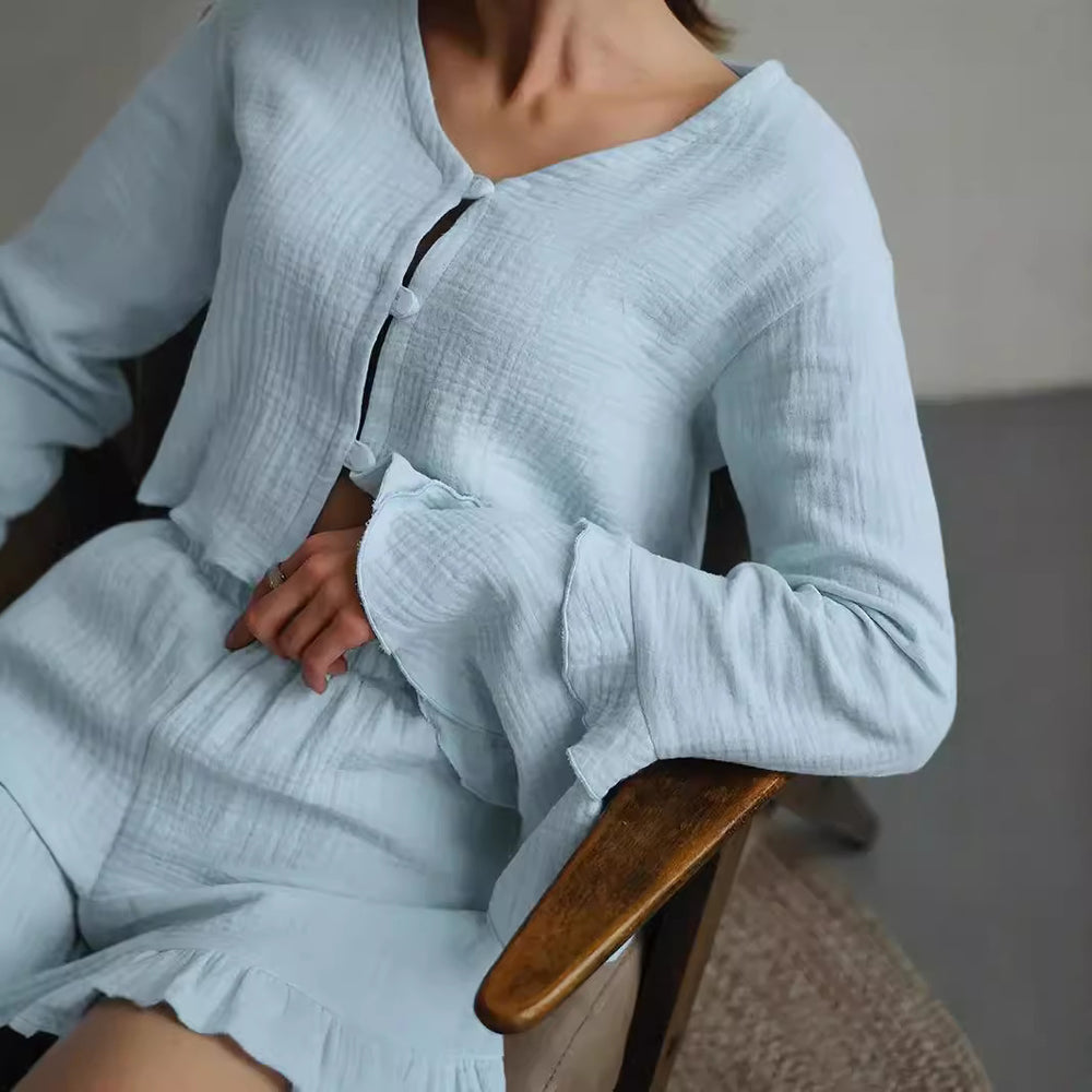 Damen Zweiteiliges Crinkle-Lounge-Set mit Volant-Shorts und gestuften Trompetenärmeln Shop Nory
