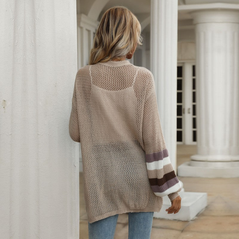 Damen Longline-Netzstrick-Cardigan mit Ballonärmeln und Blockstreifen Shop Nory