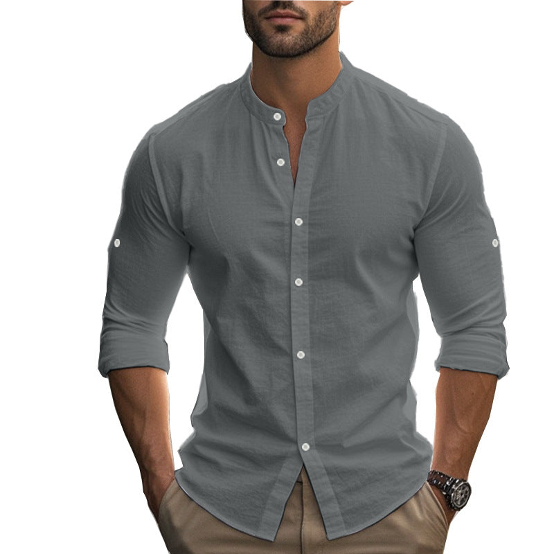Herren Langarm-Hemd mit modernem Henley-Kragen und kontrastierenden Knopfdetails