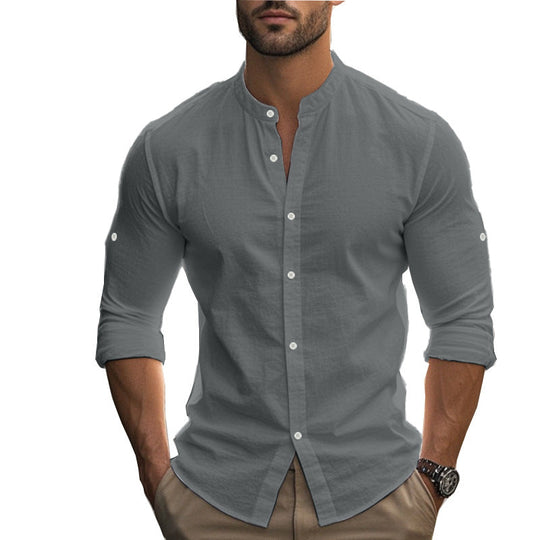 Herren Langarm-Hemd mit modernem Henley-Kragen und kontrastierenden Knopfdetails