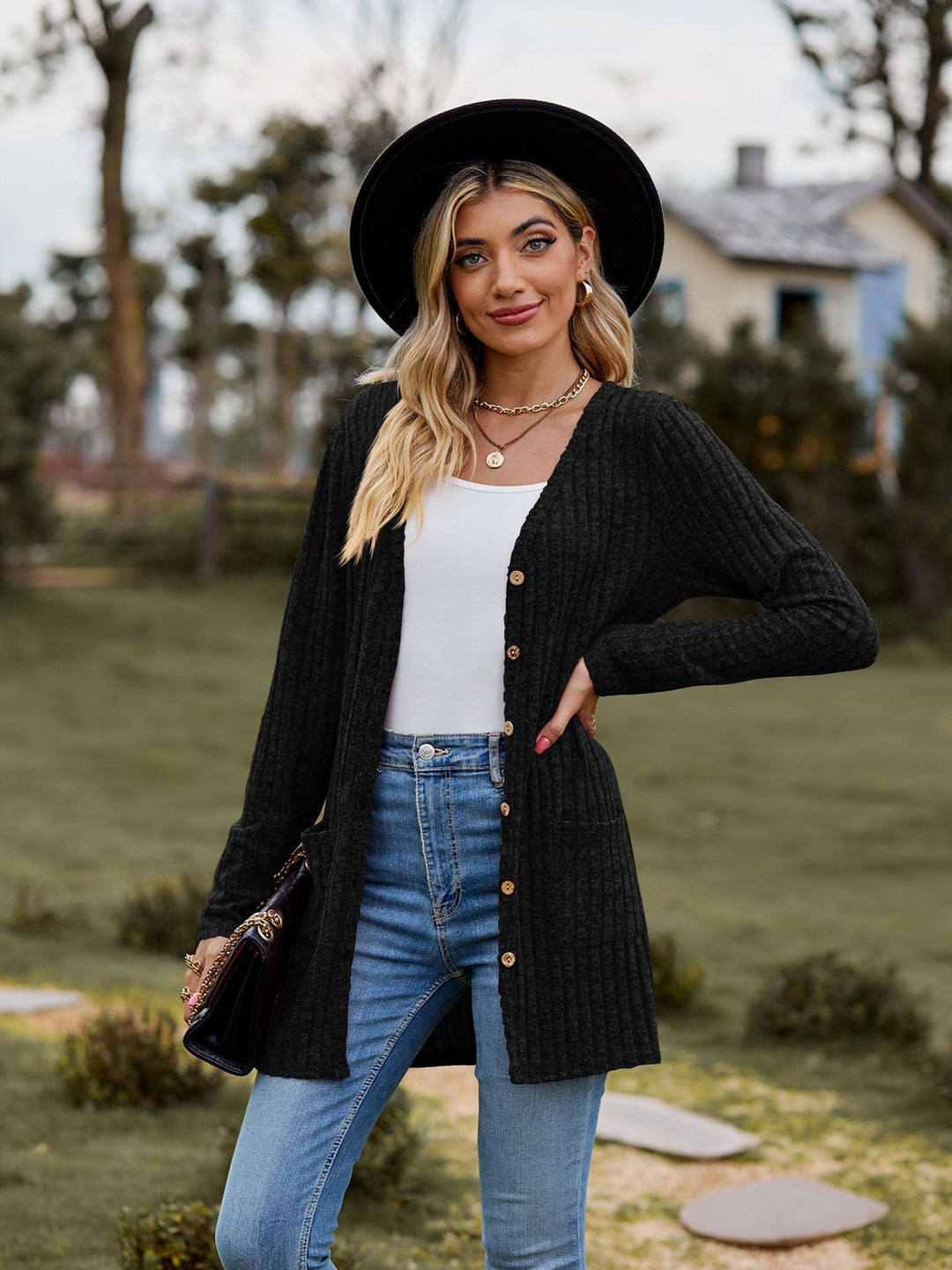 Damen Lang geschnittene Rippstrick‑Cardigan mit Knopfleiste und Eingrifftaschen Shop Nory