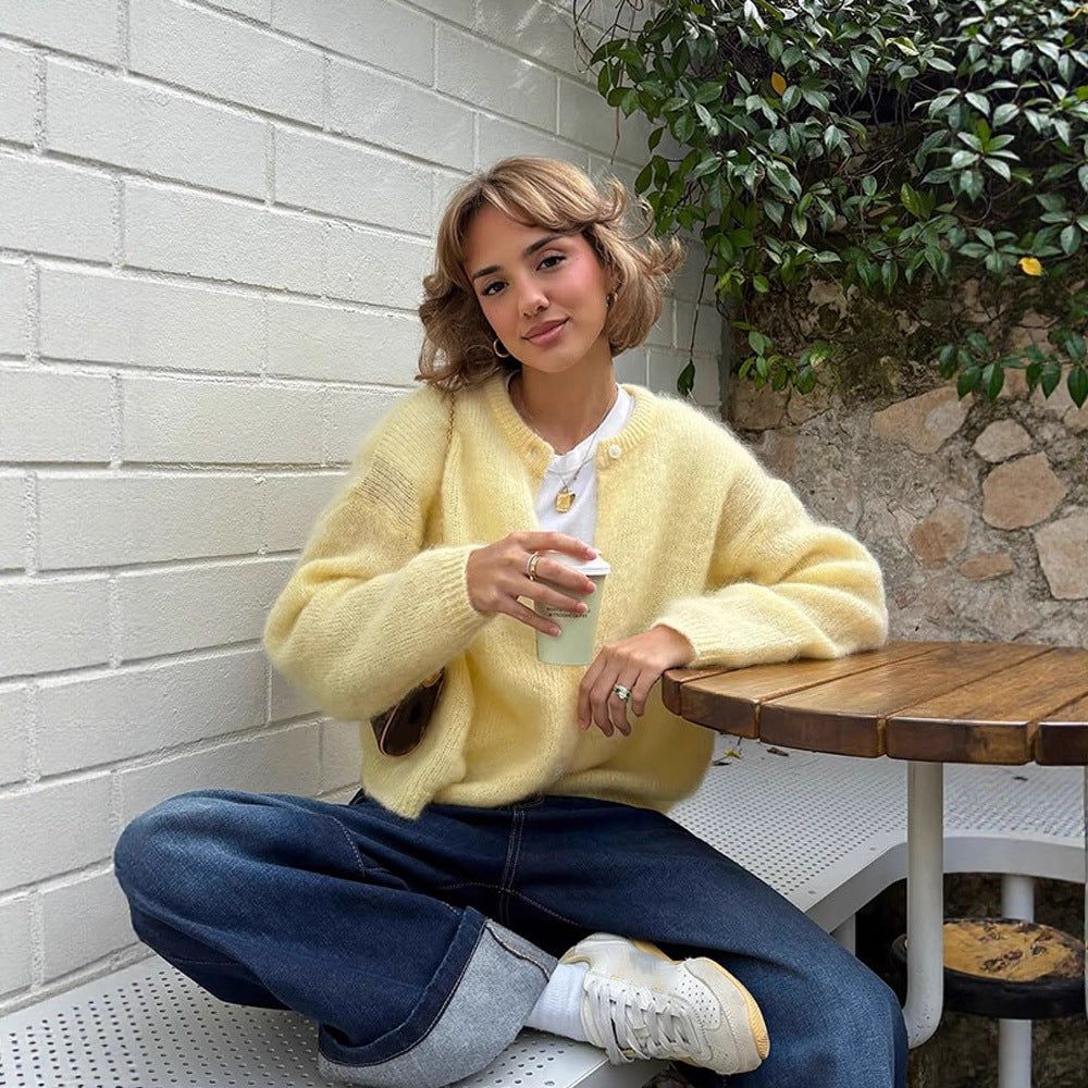 Damen weicher Strickcardigan mit großen Puffärmeln