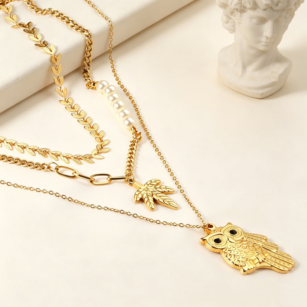 Damen mehrlagige Halskette mit Eulen-Anhänger und goldplattierten Elementen Shop Nory