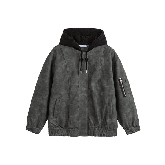 Unisex Boxy-wattierte Kapuzen‑Bomberjacke mit Veloursoptik, Cordkragen und Ärmel‑Zip Shop Nory