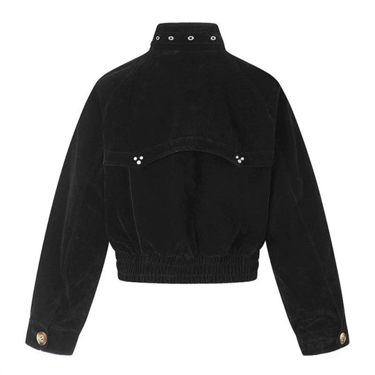 Damen kurze Wildleder‑Bomberjacke mit hohem Stehkragen und metallischen Details Shop Nory