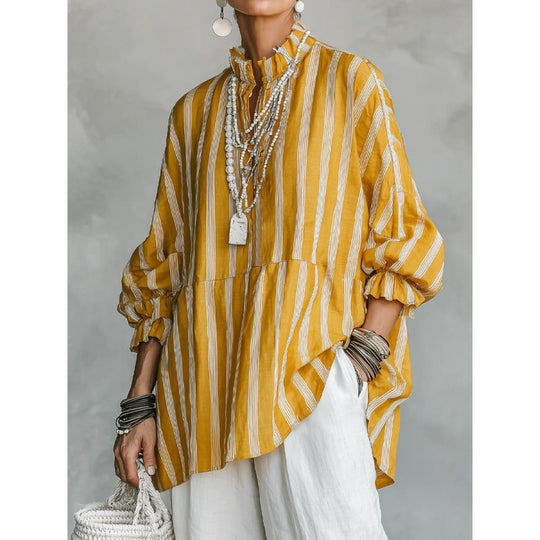 Damen Gestreifte Oversize-Tunika mit Rüschkragen und Ballonärmeln Shop Nory