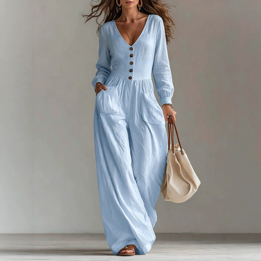 Damen Leinen-Einteiler mit V-Ausschnitt, Knopfleiste und weitem Beinschnitt Shop Nory