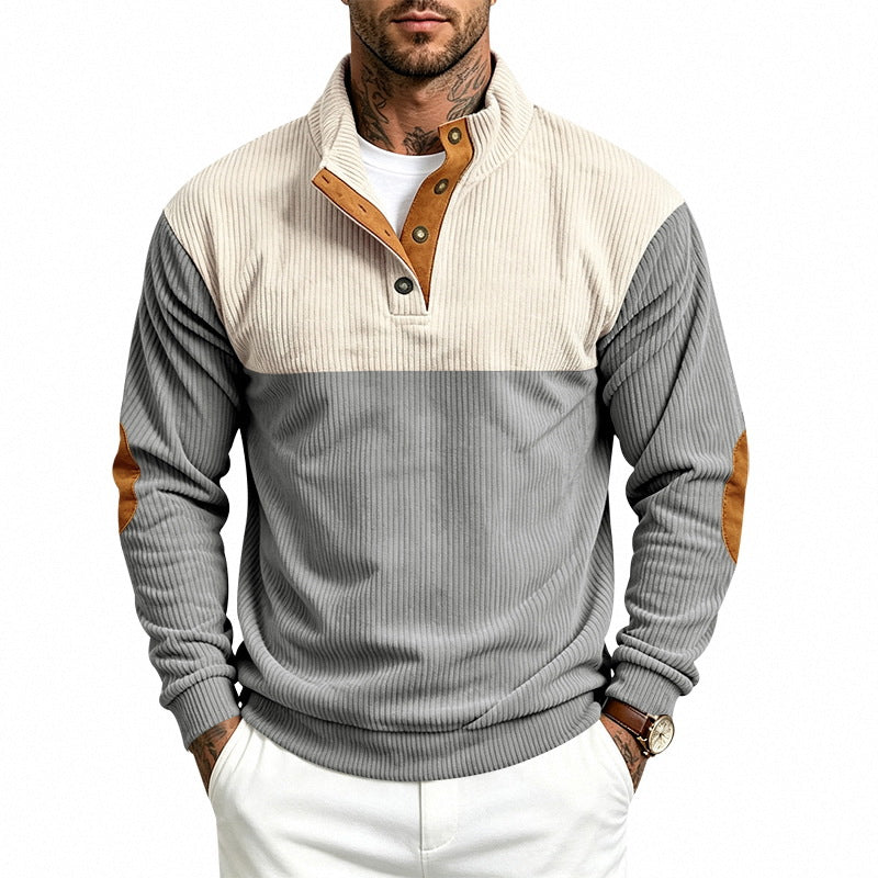 Herren Strukturierter Troyer-Pullover mit Stehkragen, Druckknopfleiste und Ellbogen‑Patches Shop Nory