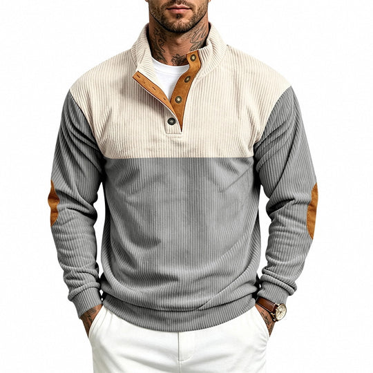 Herren Strukturierter Troyer-Pullover mit Stehkragen, Druckknopfleiste und Ellbogen‑Patches Shop Nory