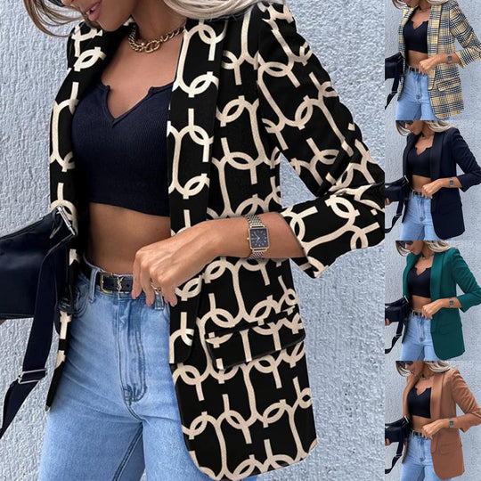 Damen Gemusterter Longblazer mit Kettenmuster, taillierter Silhouette und Pattentaschen Shop Nory