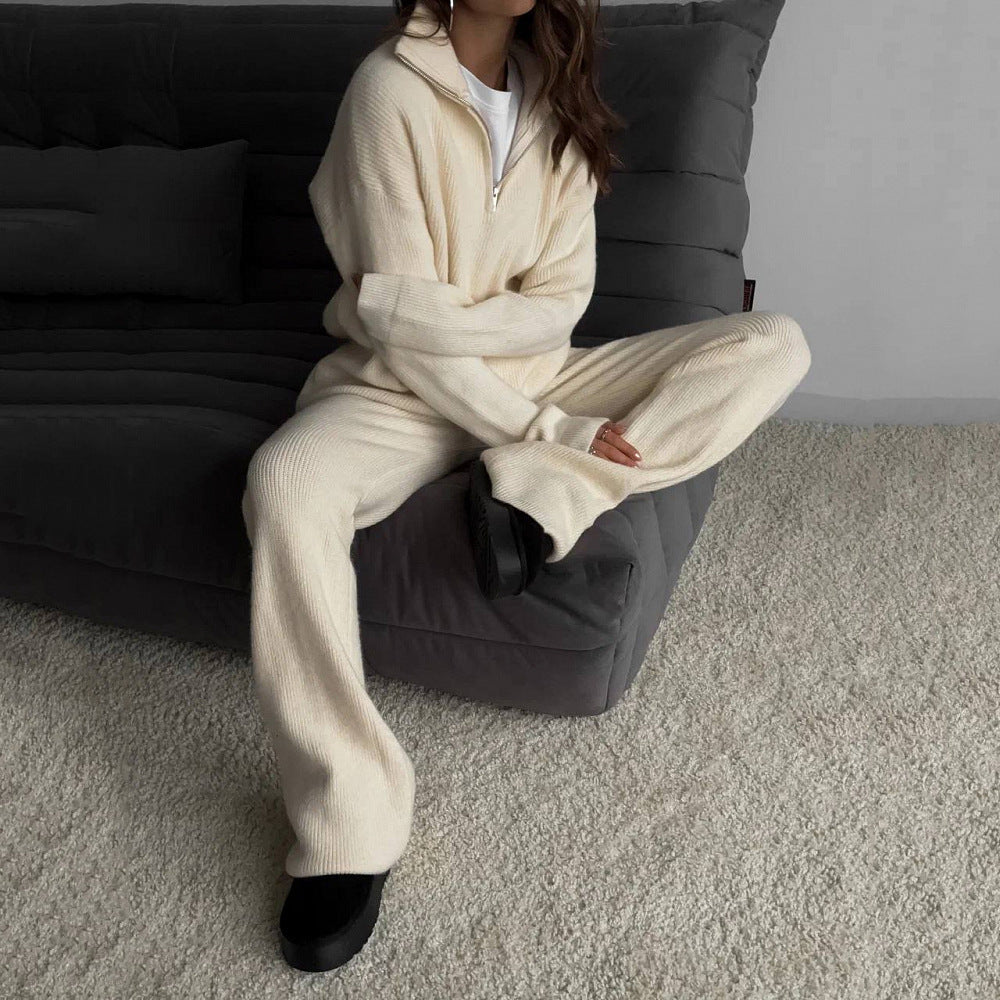 Damen geripptes Relax-Strick-Set mit halbem Reißverschluss und hochgeschnittener Leggings Shop Nory