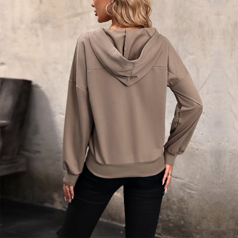 Damen Lässiges Kapuzen-Henley-Sweatshirt mit Druckknopfleiste und Gummizug-Saum Shop Nory