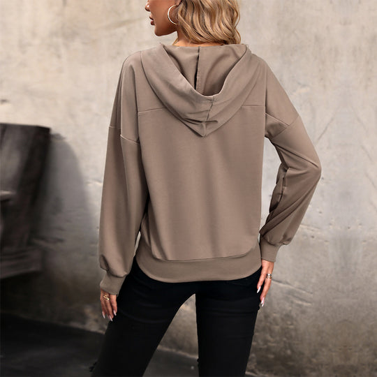 Damen Lässiges Kapuzen-Henley-Sweatshirt mit Druckknopfleiste und Gummizug-Saum Shop Nory