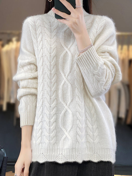 Damen Oversize-Zopfmuster-Pullover mit Mohair-Optik und gerippten Bündchen Shop Nory