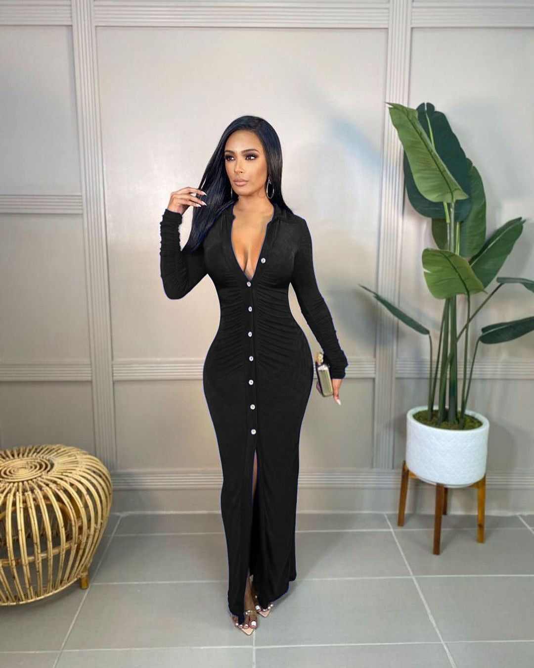 Damen Figurbetontes Maxikleid mit Knopfleiste, Raffung und tiefem V-Ausschnitt Shop Nory