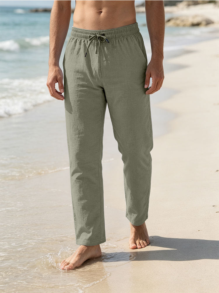 Herren Leichte Leinen-Baumwoll-Hose mit Tunnelzug, elastischem Bund und geradem Schnitt Shop Nory