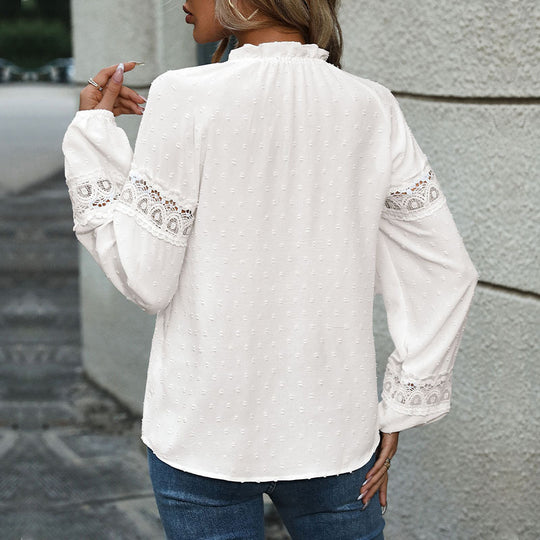Damen Romantische V-Ausschnitt-Bluse mit Crinkle-Struktur, Spitzenbordüren und Kordelbindern Shop Nory
