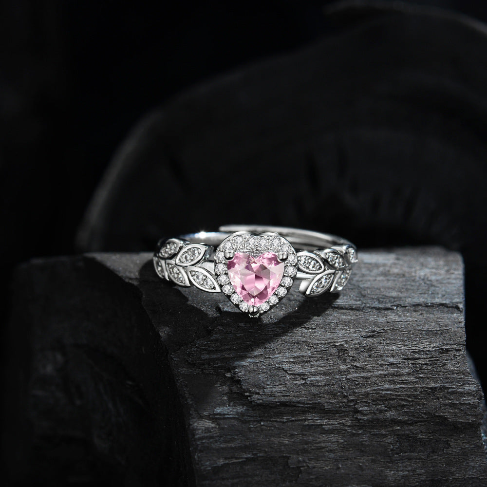 Damenring mit herzförmigem pinkem Zirkonia und floralem Design Shop Nory