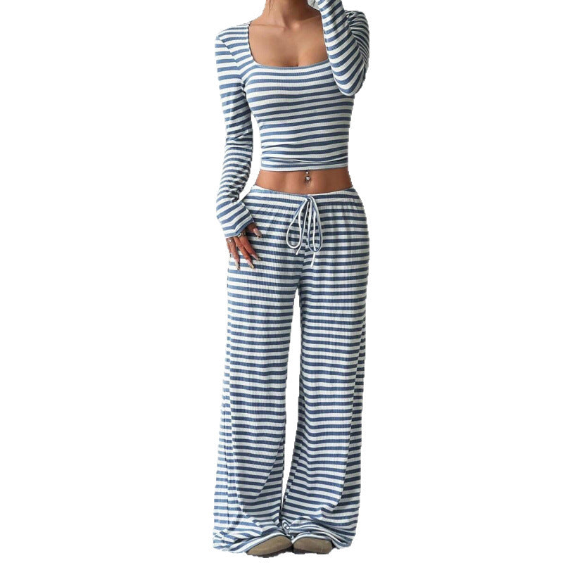 Damen Gestreifter Lounge-Zweiteiler mit weitem Bein und Cropped Langarmtop Shop Nory
