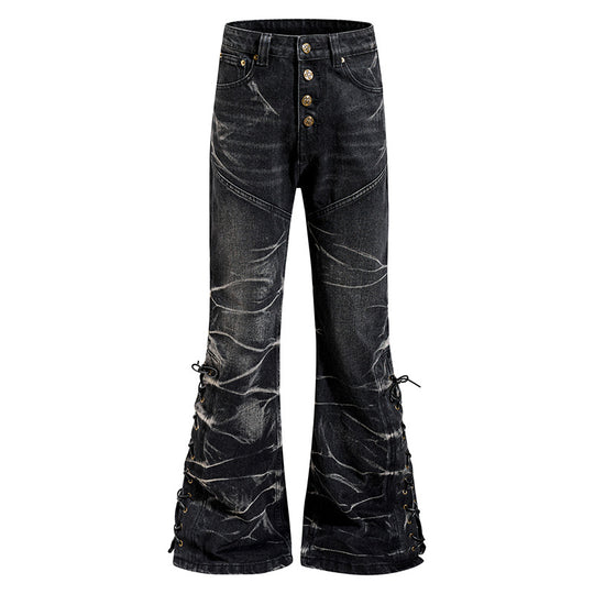 Damen hochgeschnittene ausgestellte Jeanshose mit Knopfleiste und seitlichen Schnürungen Shop Nory