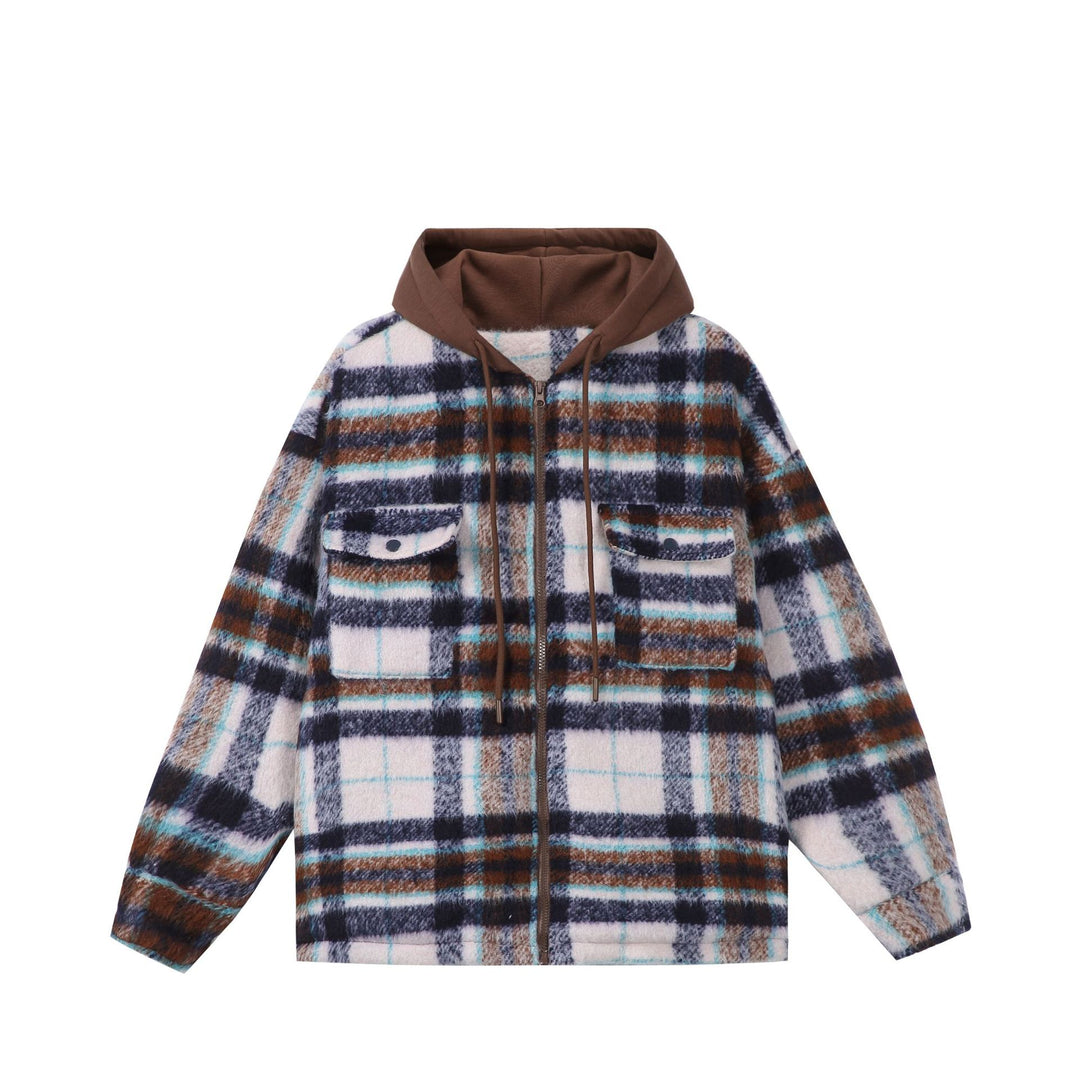 Unisex Kurz geschnittener kariertes Fellimitat-Blouson mit Kapuze und Reißverschluss Shop Nory