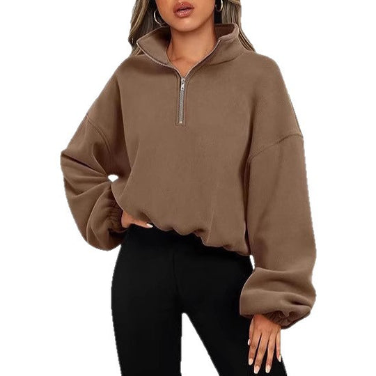 Damen nan kurz geschnittenes Halbzip-Sweatshirt mit hohem Stehkragen, Ballonärmeln und elastischem Saum Shop Nory