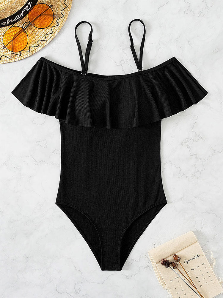Damen Eleganter Badeanzug mit Volants und schulterfreier Ausschnitt