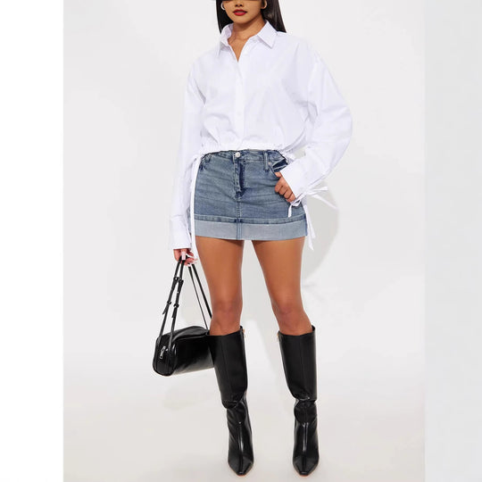 Damen Überschnittene Hemdbluse mit Tunnelzug‑Taille und Bindebändern Shop Nory