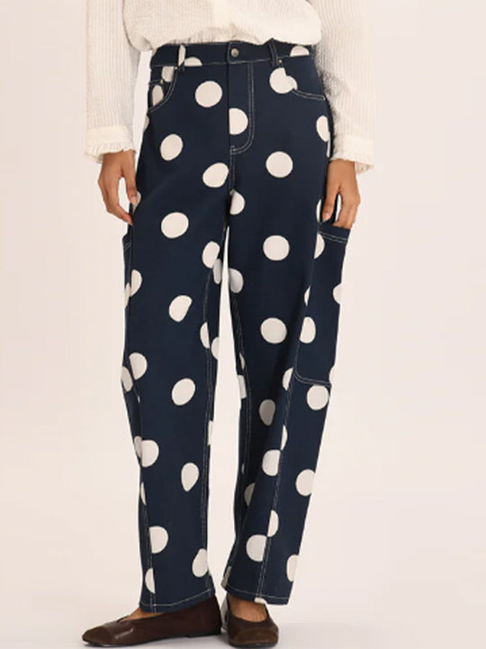 Damen weite Cargo-Hose mit hoher Taille, Punkteprint und sichtbaren Kontrastnähten Shop Nory