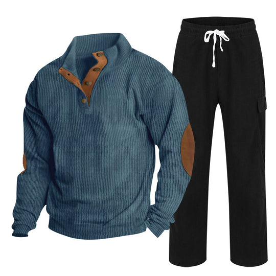 Herren Gemütliches Freizeit-Set aus Waffelstrick-Henley mit Ellenbogenpatch und Relax-Cargo-Hose Shop Nory