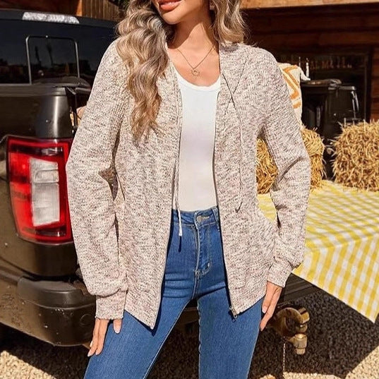 Damen Leichter Strick-Kapuzencardigan mit durchgehendem Reißverschluss und Eingrifftaschen Shop Nory