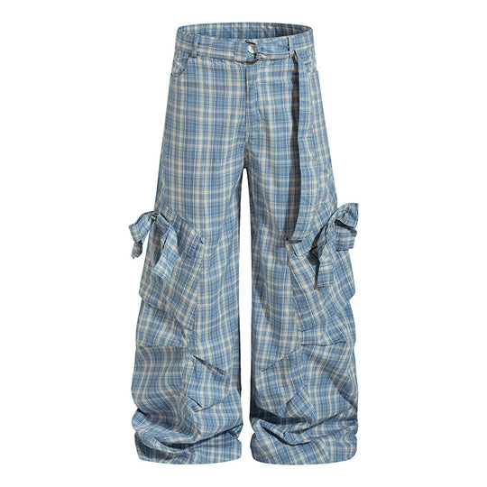 Damen karierte hochgeschnittene Cargo-Hose mit weitem Bein und Volant-Taschen Shop Nory