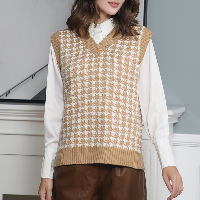 Damen ärmellose Strickweste mit modernem Hahnentrittmuster