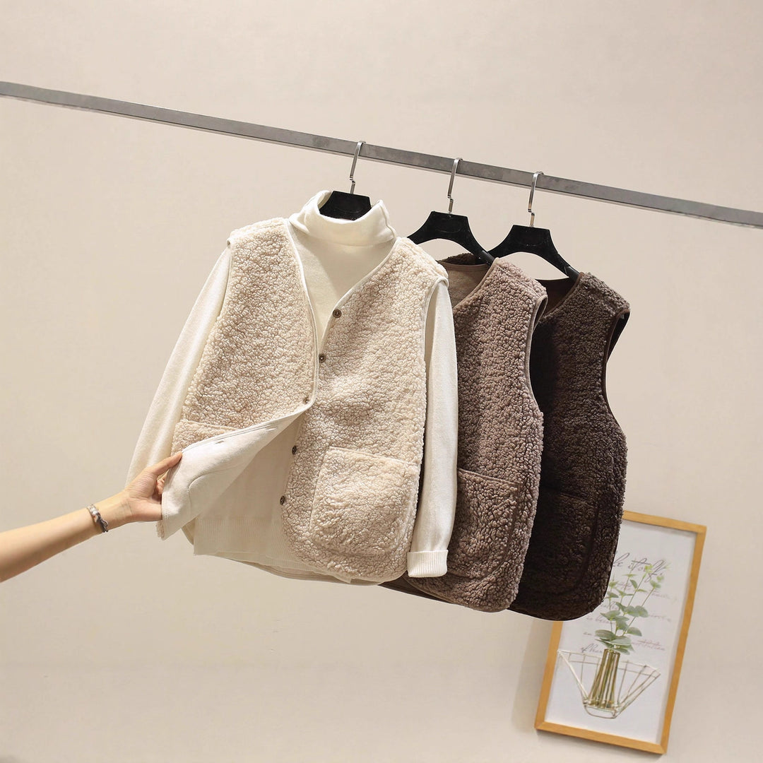 Damen Ärmellose Teddyweste mit Knopfleiste und aufgesetzten Taschen Shop Nory