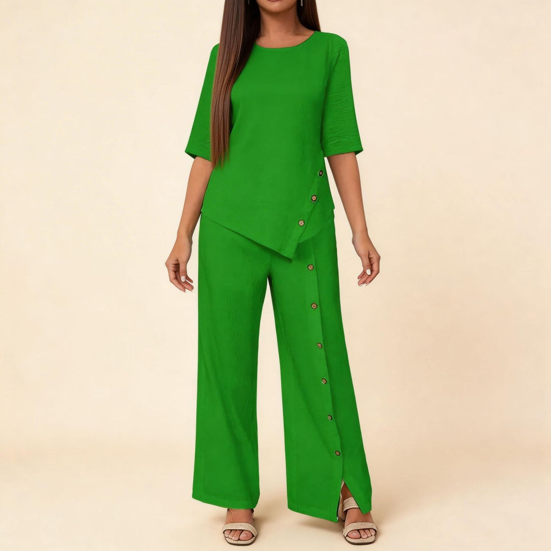 Damen asymmetrisches zweiteiliges Lounge-Set mit 3/4-Ärmeln und seitlicher Knopfverzierung Shop Nory
