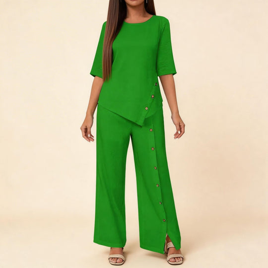 Damen asymmetrisches zweiteiliges Lounge-Set mit 3/4-Ärmeln und seitlicher Knopfverzierung Shop Nory