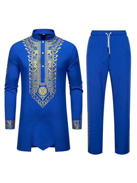 Herren Traditionelles Langarm-Kurta-Set mit Stehkragen, goldfarbenem Ornamentdruck und Tunnelzughose Shop Nory