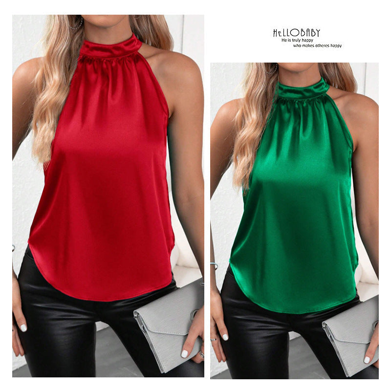 Damen modisches Top mit hohem Kragen und schimmerndem Satin-Finish