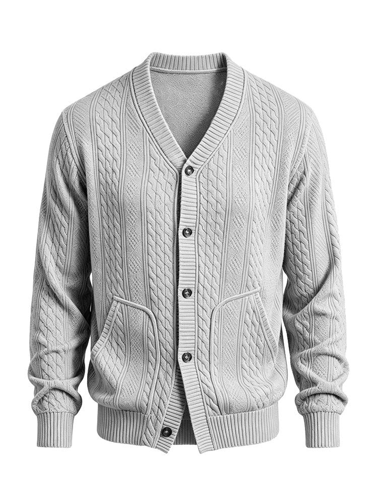 Herren Gestrickte Strickjacke mit Zopfmuster, V‑Ausschnitt und aufgesetzten Taschen Shop Nory