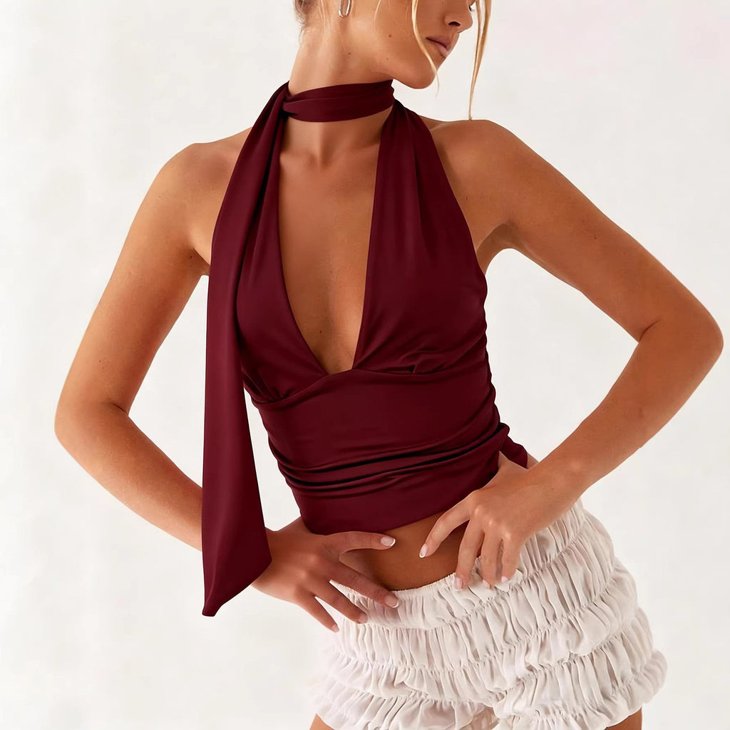 Damen Neckholder-Top mit tiefem Ausschnitt und Raffung Shopnory