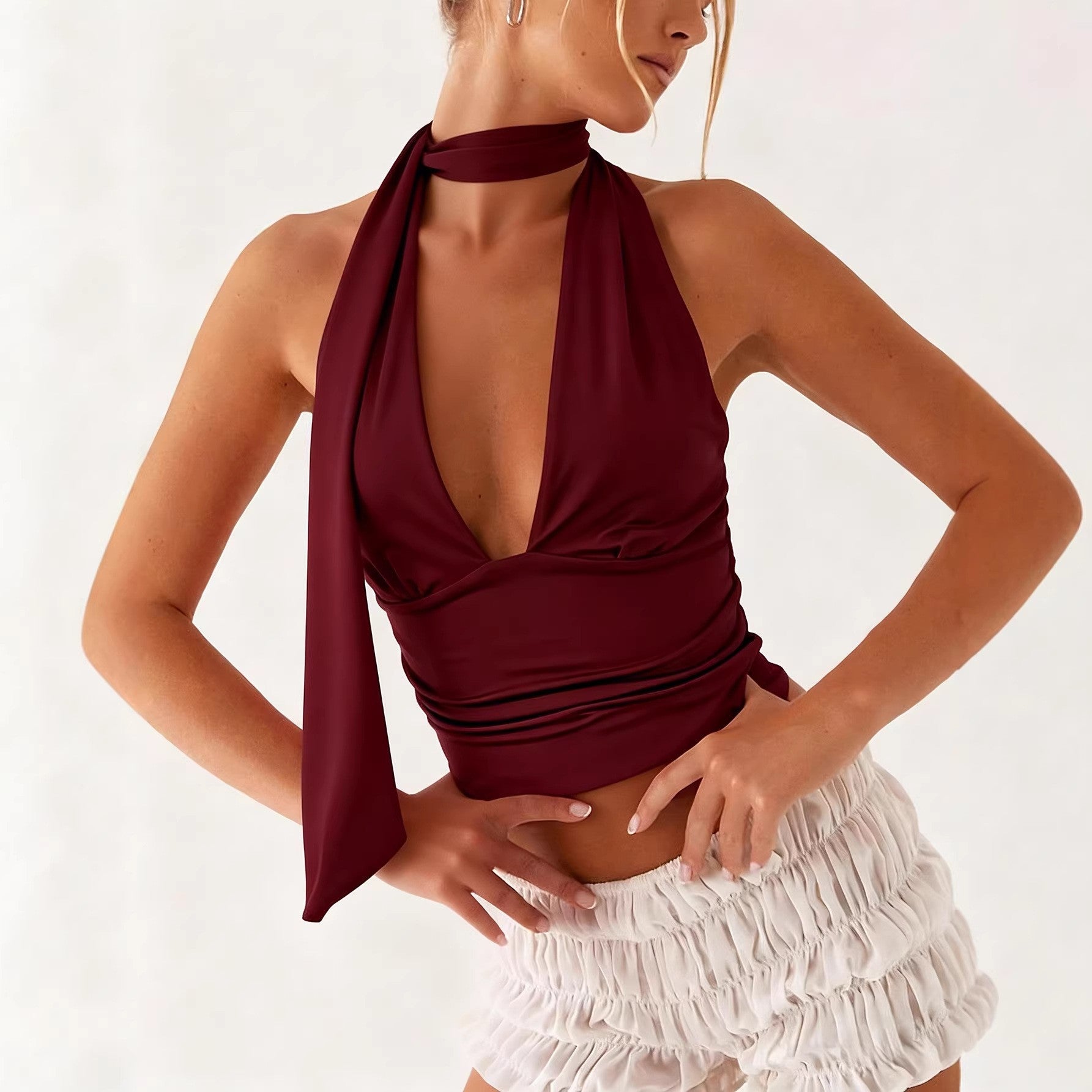 Damen Neckholder-Top mit tiefem Ausschnitt und Raffung Shopnory