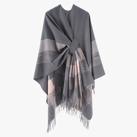 Damen Cape‑Poncho aus Wollmix mit Schlitzgürtel, geometrischem Jacquard und Fransensaum Shop Nory