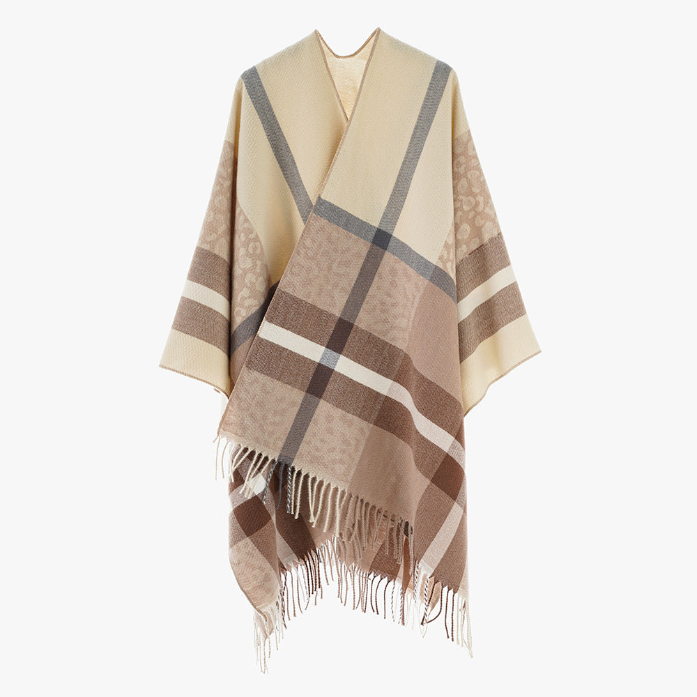 Damen Übergroßer Poncho mit Fransen und Karomuster Shop Nory
