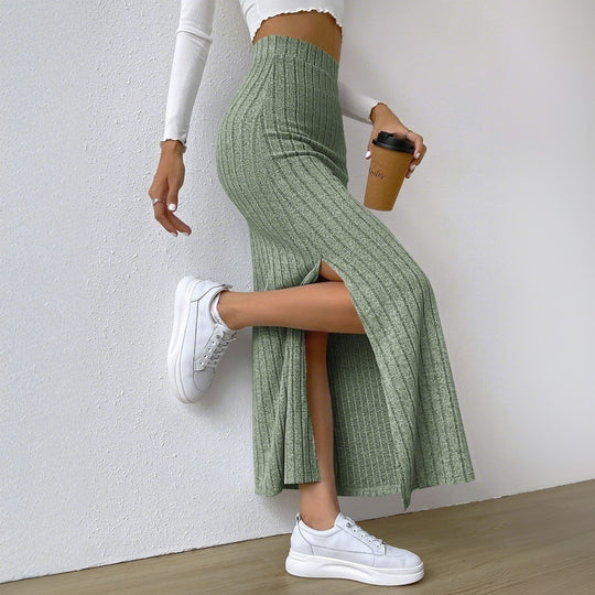Damen gerippter Midirock mit hohem Bund und figurumspielender A-Linie Shop Nory