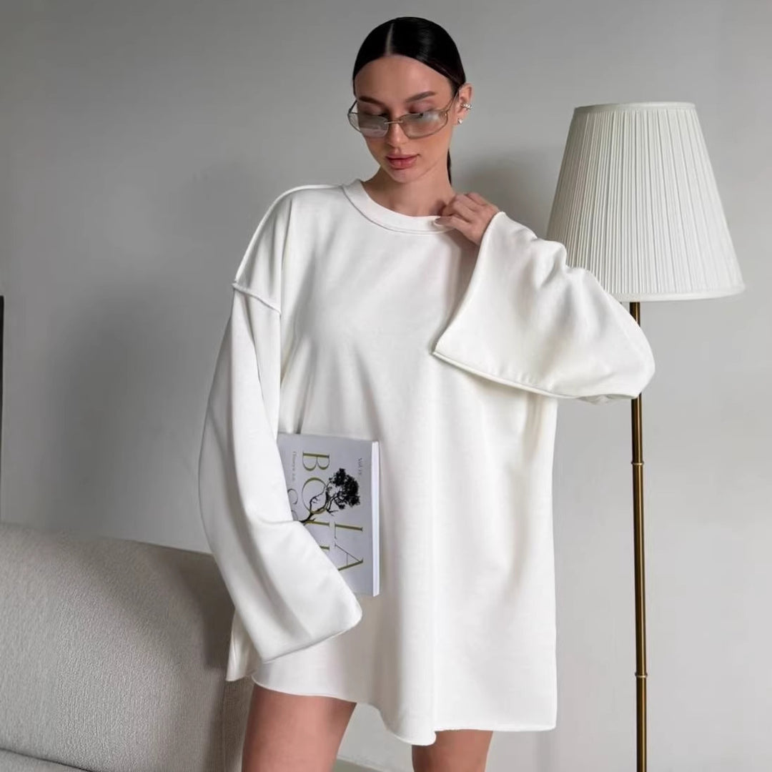 Damen oversized Sweatshirt-Kleid mit ausgefranstem Saum und weiten Glockenärmeln Shop Nory